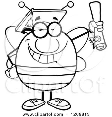 Cartoon of a Black and White Happy Bee Student Graduate Hoding a Diploma - Royalty Free Vector Clipart by Hit Toon
