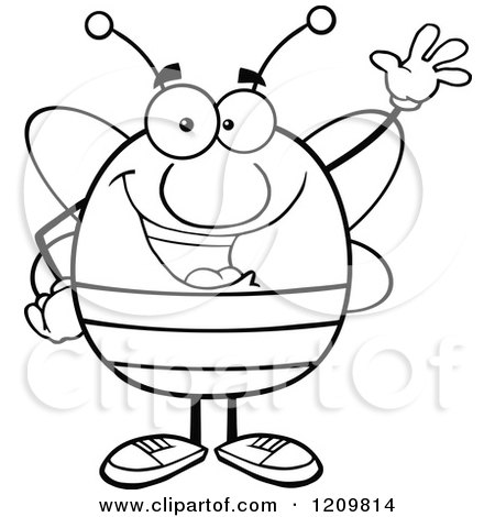 Cartoon of a Black and White Happy Bee Waving - Royalty Free Vector Clipart by Hit Toon