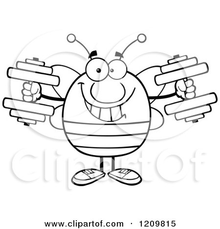 Cartoon of a Black and White Happy Bee Working out with Dumbbells - Royalty Free Vector Clipart by Hit Toon