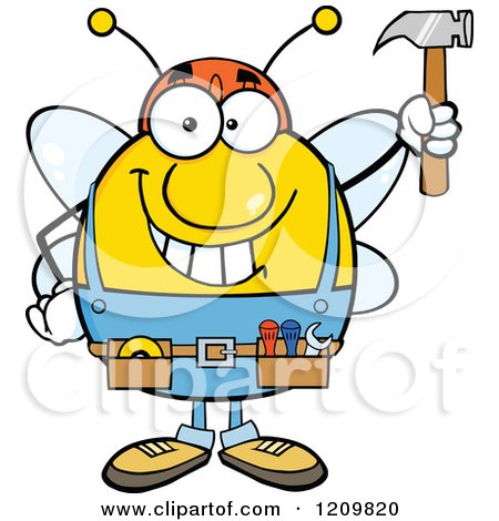 Cartoon of a Happy Worker Bee Mascot Holding up a Hammer - Royalty Free Vector Clipart by Hit Toon