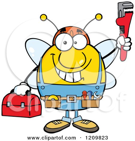 Cartoon of a Happy Worker Bee Mascot Plumber Holding up a Monkey Wrench - Royalty Free Vector Clipart by Hit Toon