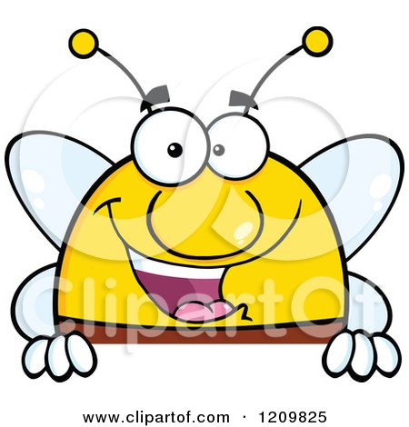 Cartoon of a Happy Bee over a Sign - Royalty Free Vector Clipart by Hit Toon