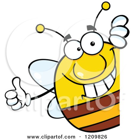 Cartoon of a Happy Bee Holding a Thumb up Around a Sign - Royalty Free Vector Clipart by Hit Toon