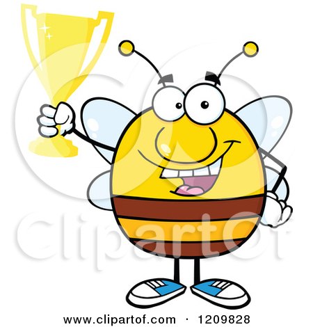Cartoon of a Successful Bee Holding up a Trophy - Royalty Free Vector Clipart by Hit Toon
