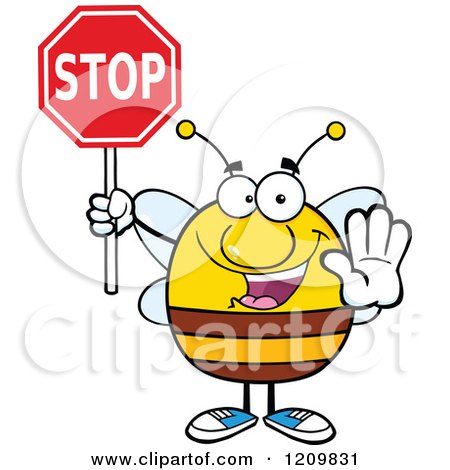 Cartoon of a Happy Bee Holding a Stop Sign - Royalty Free Vector Clipart by Hit Toon