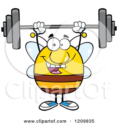 Cartoon of a Happy Bee Lifting a Barbell - Royalty Free Vector Clipart by Hit Toon