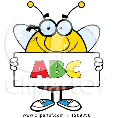 Cartoon of a Happy Bee Student Holding an Abc Sign - Royalty Free Vector Clipart by Hit Toon