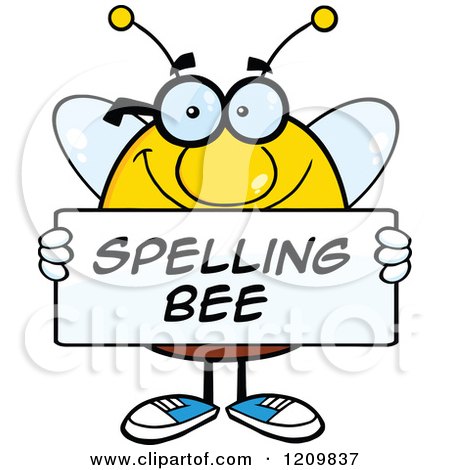 Cartoon of a Happy Bee Student Holding a Spelling Bee Sign - Royalty Free Vector Clipart by Hit Toon