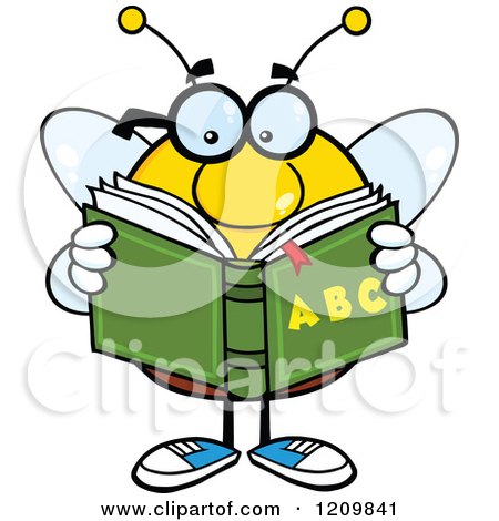 Cartoon of a Bee Student Reading an Alphabet Book - Royalty Free Vector Clipart by Hit Toon