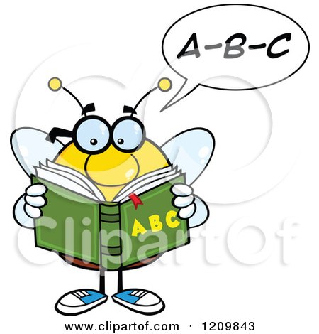 Cartoon of a Talking Bee Student Reading an Alphabet Book out Loud - Royalty Free Vector Clipart by Hit Toon