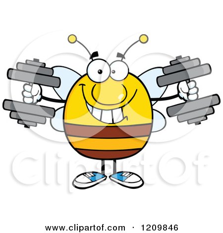Cartoon of a Happy Bee Working out with Dumbbells - Royalty Free Vector Clipart by Hit Toon