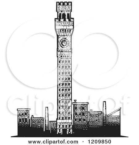 Clipart of Baltimore Tower and Other Buildings Black and White Woodcut - Royalty Free Vector Illustration by xunantunich