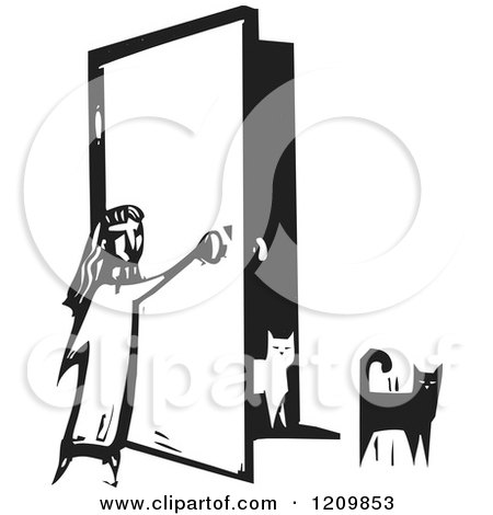 Clipart of a Girl Opening a Door for Her Cats Black and White Woodcut - Royalty Free Vector Illustration by xunantunich