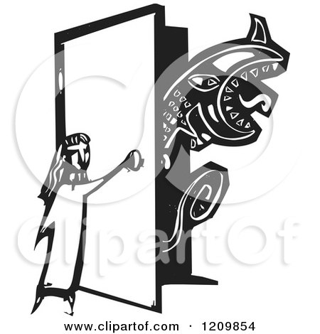 Clipart of a Girl Opening a Door for a Monster Black and White Woodcut - Royalty Free Vector Illustration by xunantunich