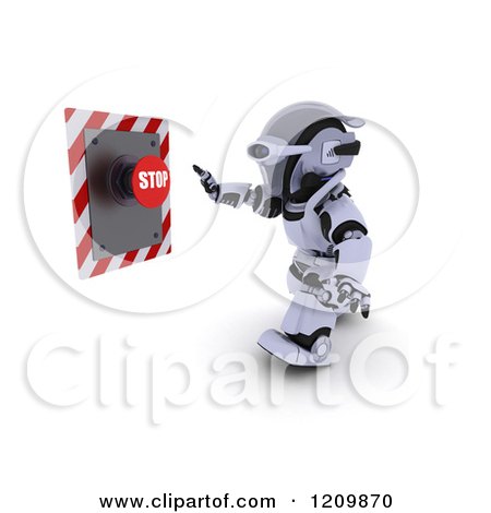 Clipart of a 3d Robot Reaching out to Push a Stop Button - Royalty Free CGI Illustration by KJ Pargeter