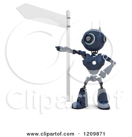 Clipart of a 3d Blue Android Robot Giving Directions Under a Street Sign - Royalty Free CGI Illustration by KJ Pargeter