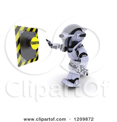 Clipart of a 3d Robot Reaching out to Push a Caution Button - Royalty Free CGI Illustration by KJ Pargeter