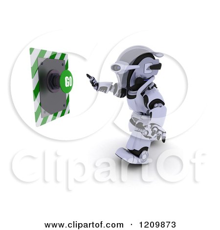 Clipart of a 3d Robot Reaching out to Push a Go Button - Royalty Free CGI Illustration by KJ Pargeter