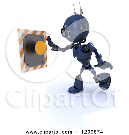 Clipart of a 3d Blue Android Robot Reaching to Push an Orange Button - Royalty Free CGI Illustration by KJ Pargeter