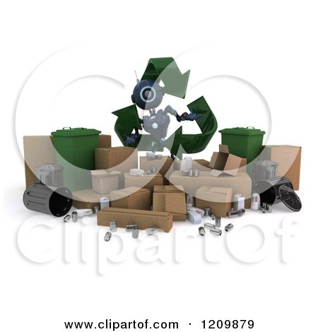 Clipart of a 3d Blue Android Robot with Recycle Items and Arrows - Royalty Free CGI Illustration by KJ Pargeter