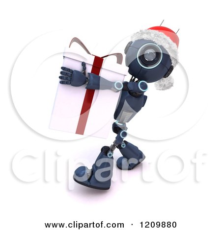 Clipart of a 3d Blue Android Robot Santa Carrying a Gift Box - Royalty Free CGI Illustration by KJ Pargeter