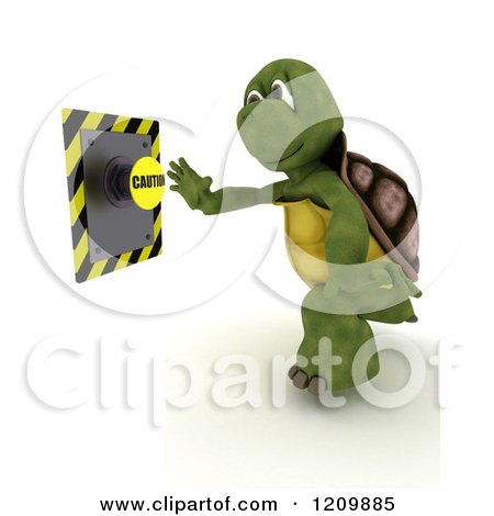 Clipart of a 3d Tortoise Reaching out to Push a Caution Button - Royalty Free CGI Illustration by KJ Pargeter