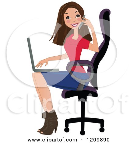Cartoon of a Happy Brunette Woman Talking on a Phone and Using a Laptop in a Chair - Royalty Free Vector Clipart by peachidesigns