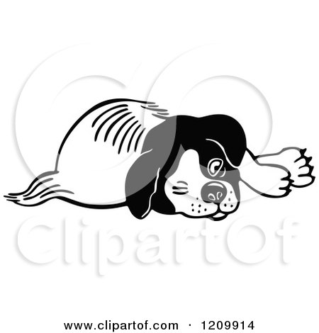 Clipart of a Black and White Tired Dog - Royalty Free Vector Illustration by Prawny