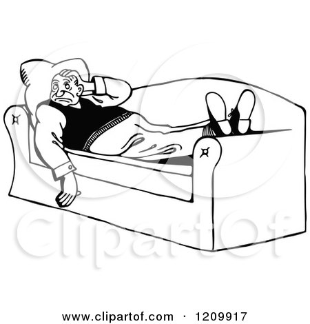 Clipart of a Black and White Sick Man Resting on a Sofa - Royalty Free Vector Illustration by Prawny