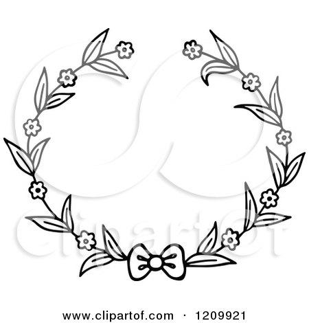 Clipart of a Black and White Flower Wreath with a Bow 2 - Royalty Free Vector Illustration by Prawny