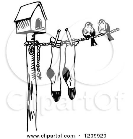 Clipart of a Black and White Bird House with Birds and Socks on a Clothes Line - Royalty Free Vector Illustration by Prawny