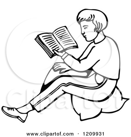 Clipart of a Black and White Boy Reading a Book - Royalty Free Vector Illustration by Prawny