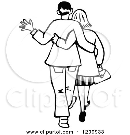 Clipart of a Black and White Rear View of a Couple Walking - Royalty Free Vector Illustration by Prawny
