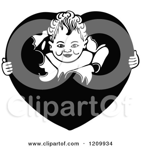 Clipart of a Black and White Cupid Breaking His Face Through a Heart - Royalty Free Vector Illustration by Prawny