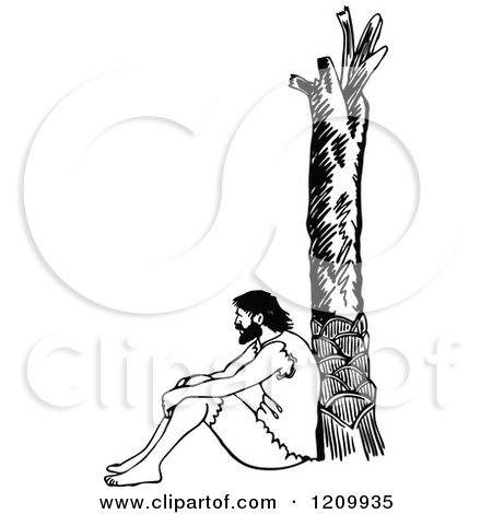 Clipart of a Black and White Man Leaning Against a Tree on a Deserted Island - Royalty Free Vector Illustration by Prawny