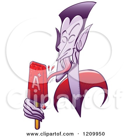 Cartoon of Dracula Vampire Licking an a Positive Popsicle - Royalty Free Vector Clipart by Zooco