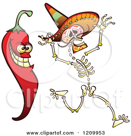 Cartoon of a Hot Chili Pepper Scaring a Mexican Skeleton - Royalty Free Vector Clipart by Zooco
