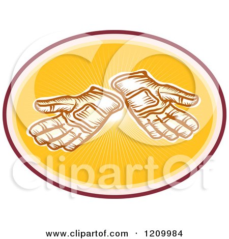 Clipart of a Retro Pair of Gloves in a Sunny Oval - Royalty Free Vector Illustration by patrimonio