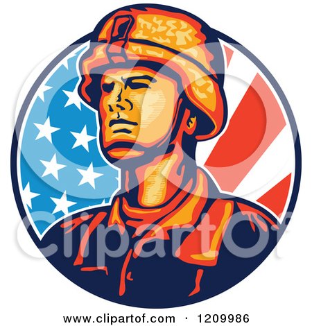 Clipart of a Retro Military Soldier over an American Flag Circle - Royalty Free Vector Illustration by patrimonio