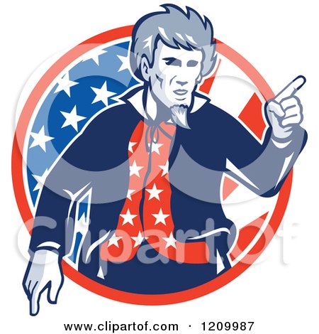 Clipart of a Retro Uncle Sam Pointing over an American Flag Circle - Royalty Free Vector Illustration by patrimonio