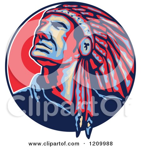Clipart of a Native American Indian Chief in a Feathered Headdress, Looking up in a Circle - Royalty Free Vector Illustration by patrimonio
