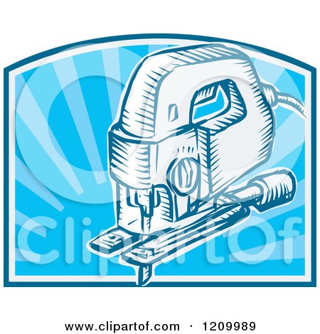 Clipart of a Retro Electric Jigsaw Tool over Blue Rays - Royalty Free Vector Illustration by patrimonio