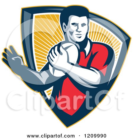 Clipart of a Retro Rugby Player with a Ball in a Ray Shield - Royalty Free Vector Illustration by patrimonio
