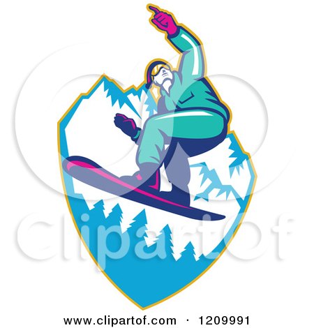 Clipart of a Retro Snowboarder Catching Air over Mountains - Royalty Free Vector Illustration by patrimonio