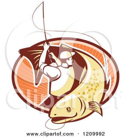 Clipart of a Retro Trout Fisherman Reeling in a Fish over an Oval of Rays - Royalty Free Vector Illustration by patrimonio