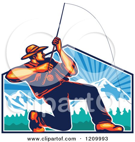 Clipart of a Retro Fly Fisherman Casting and Reeling over Mountains - Royalty Free Vector Illustration by patrimonio