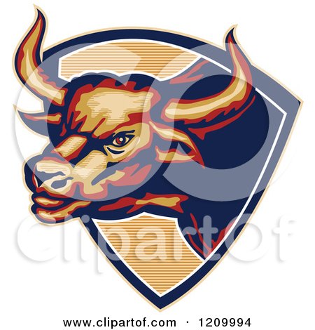 Clipart of a Retro Angry Longhorn Bull Emerging from a Shield - Royalty Free Vector Illustration by patrimonio