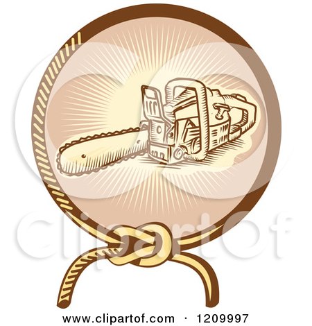 Clipart of a Retro Chainsaw in a Lasso Ray Circle - Royalty Free Vector Illustration by patrimonio