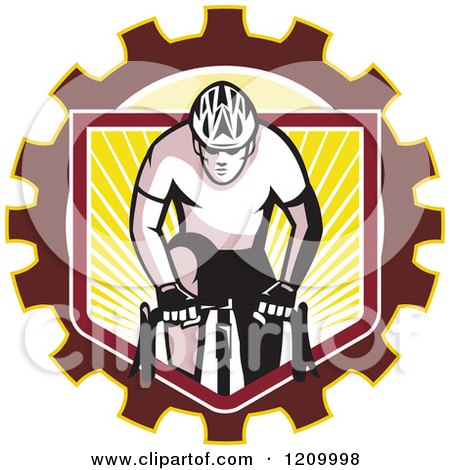 Clipart of a Retro Male Cyclist Riding over a Gear Shield of Rays - Royalty Free Vector Illustration by patrimonio