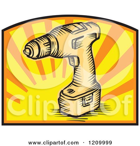 Clipart of a Retro Power Drill over a Sun Burst - Royalty Free Vector Illustration by patrimonio